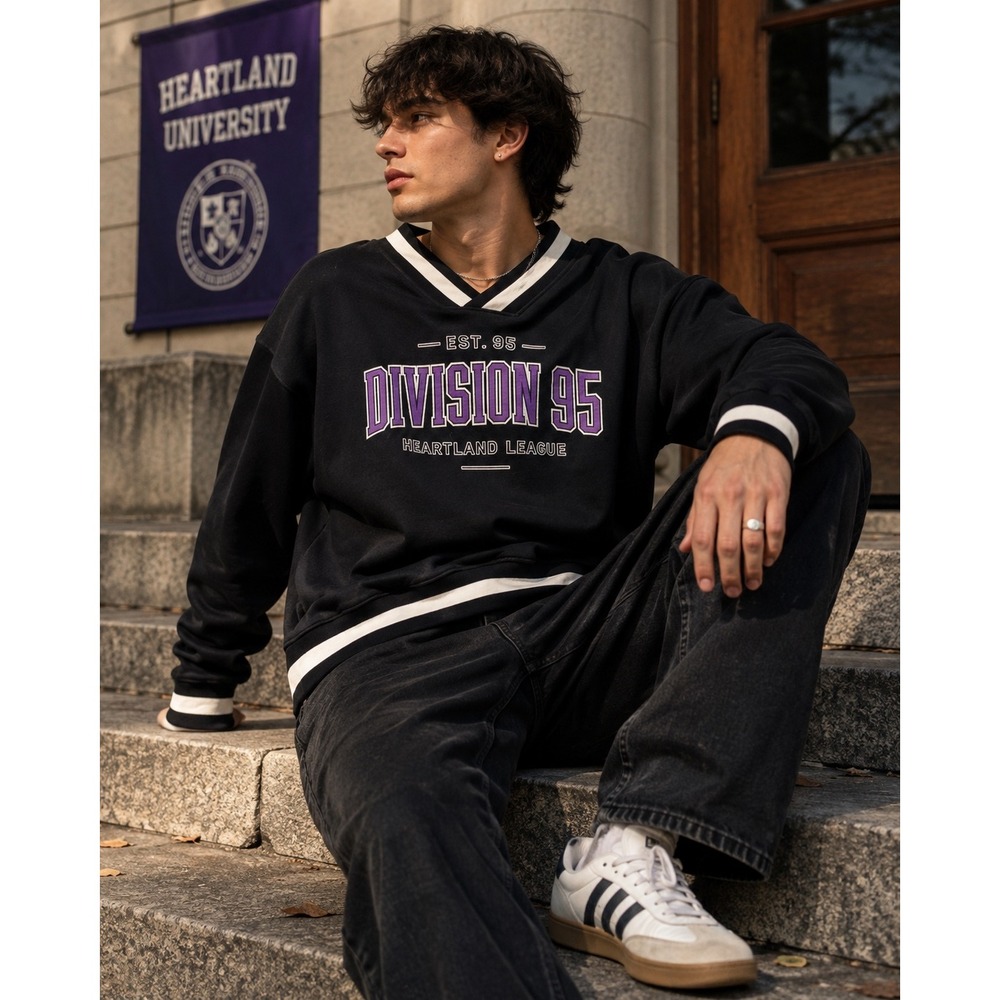 D95 Division 95 Mens XL Black Varsity V-Neck Sweatshirt Collegiate Pullover